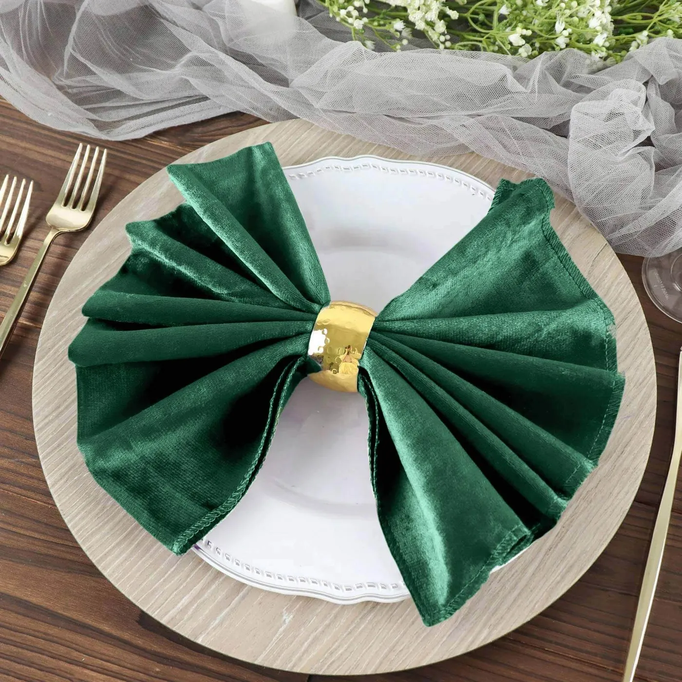 5 Pack Premium Velvet Napkins 20'x20' Hunter Emerald Green - Soft Sheen Finish Dinner Napkins