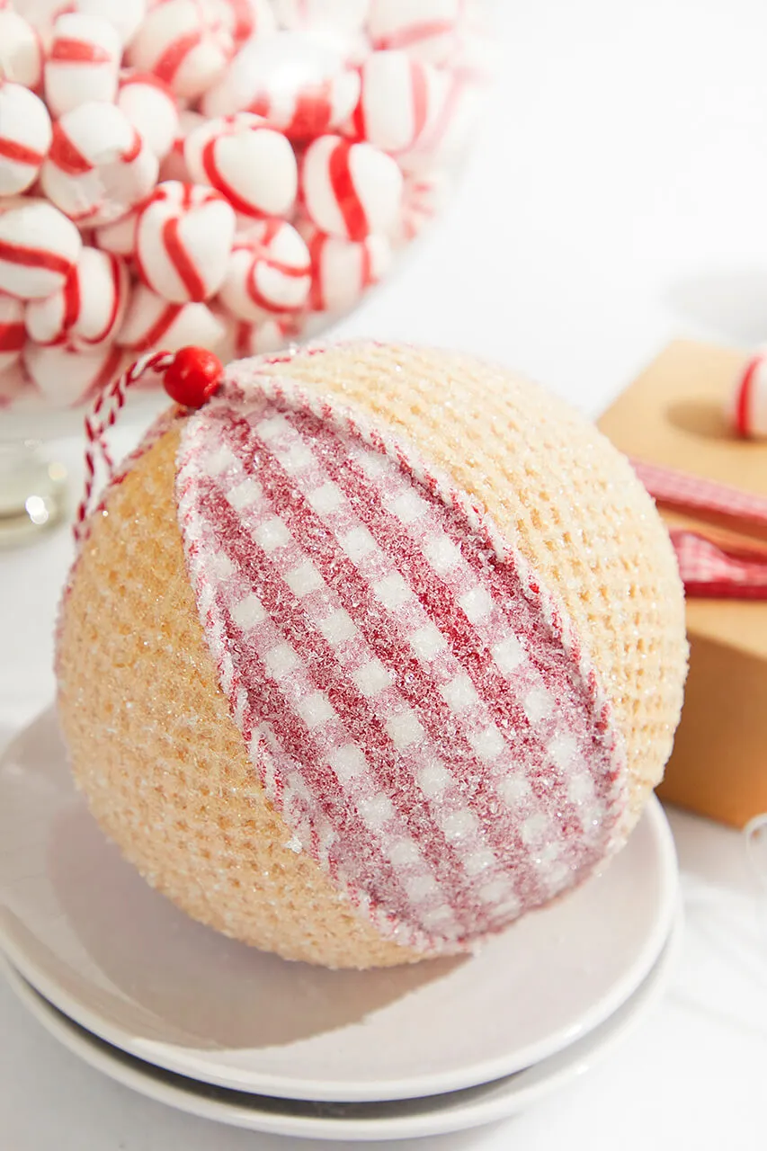 5” Red and White Plaid Waffle Ball Ornament - Decorator's Warehouse