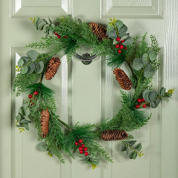 50cm Hanging Christmas Eucalyptus Wreath with Red Berries and Pinecones