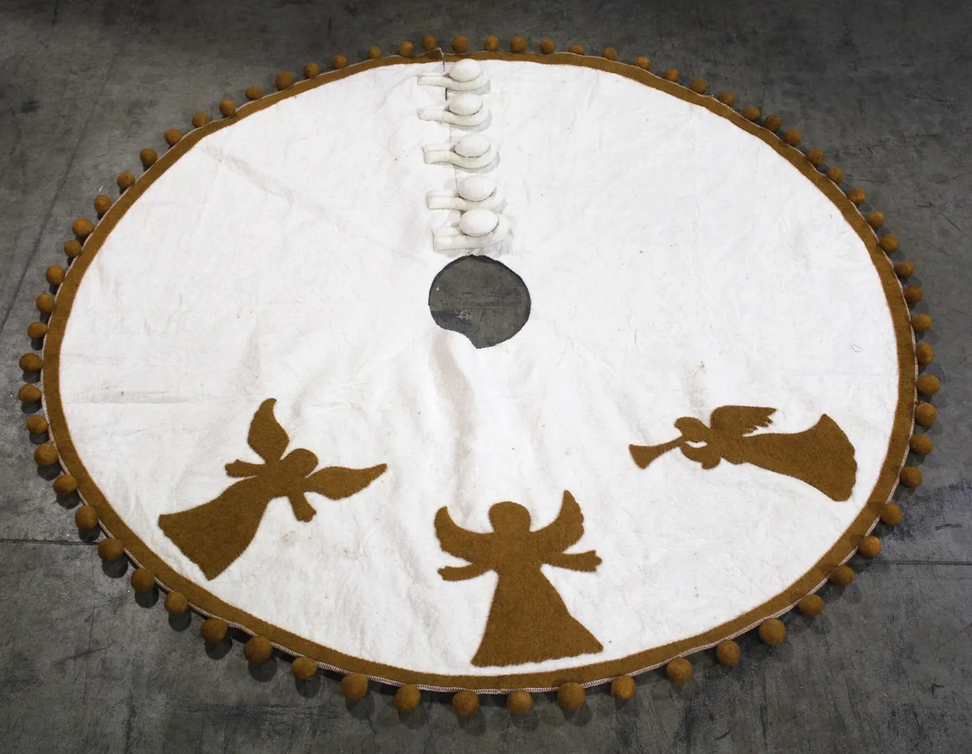 55' Handmade Wool Tree Skirt, Ivory with Gold Angels | TradeCie