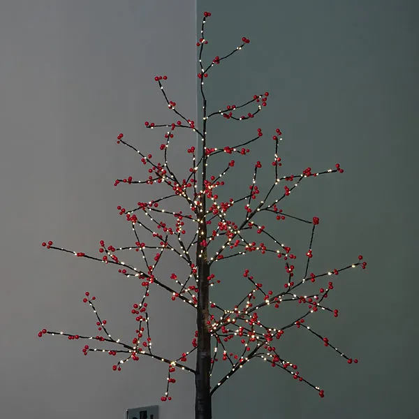 5ft (1.5m) Light up Black Christmas Twig Tree with Red Berries & Warm White LEDs
