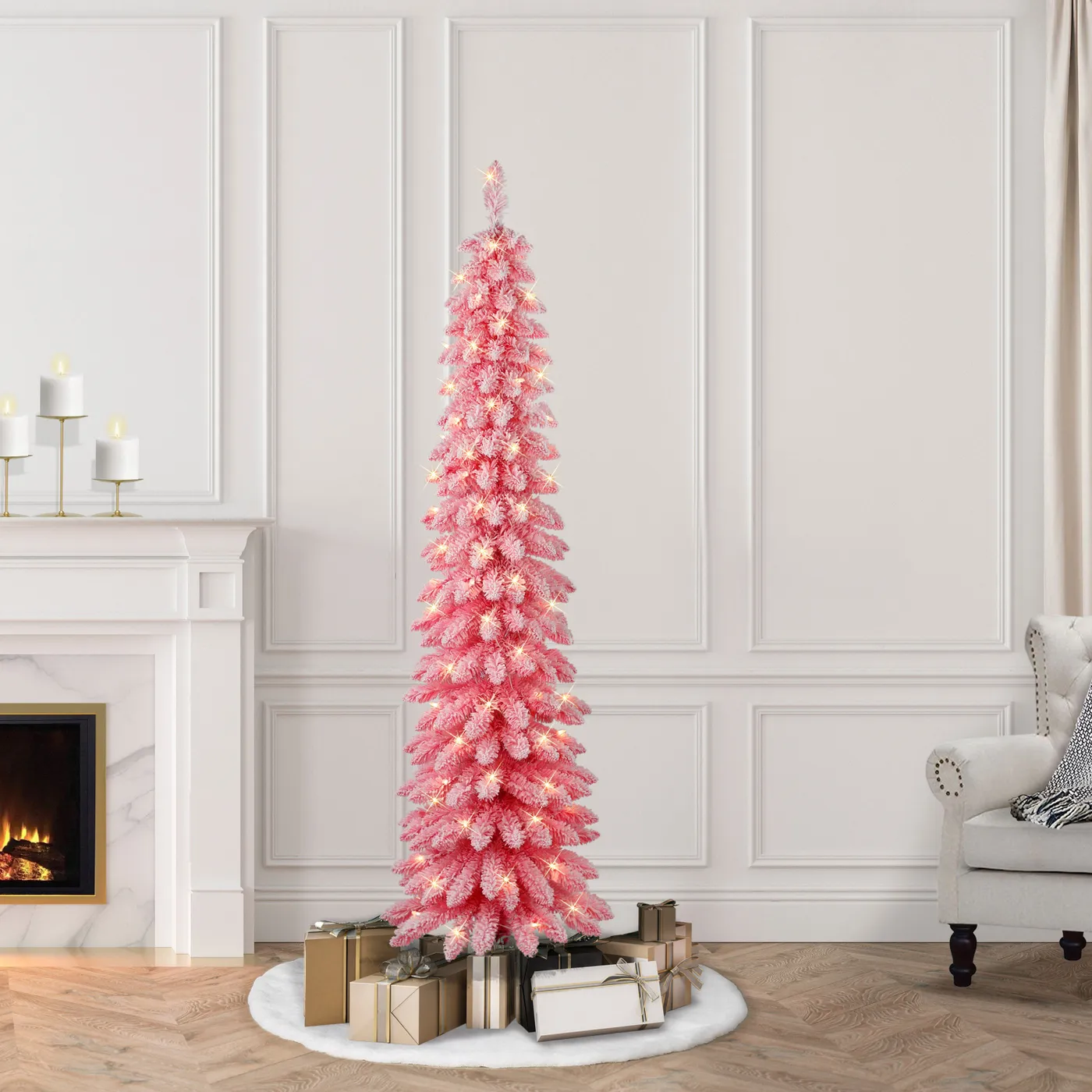 6 ft Pre-Lit Flocked Pink Artificial Alpine Pencil Tree