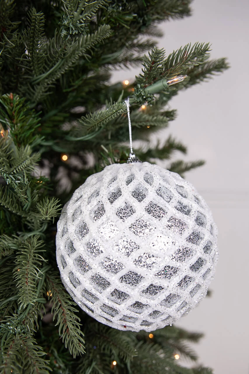 6” Glittered 2 Tone Silver/White Net Ball Christmas Ornament