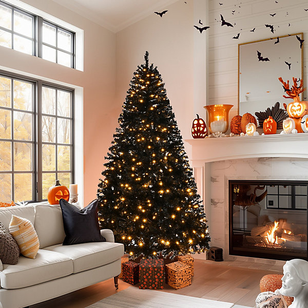 6Ft Black LED Christmas Tree Artificial Bushy Xmas Tree 100 Warm Light with Stand
