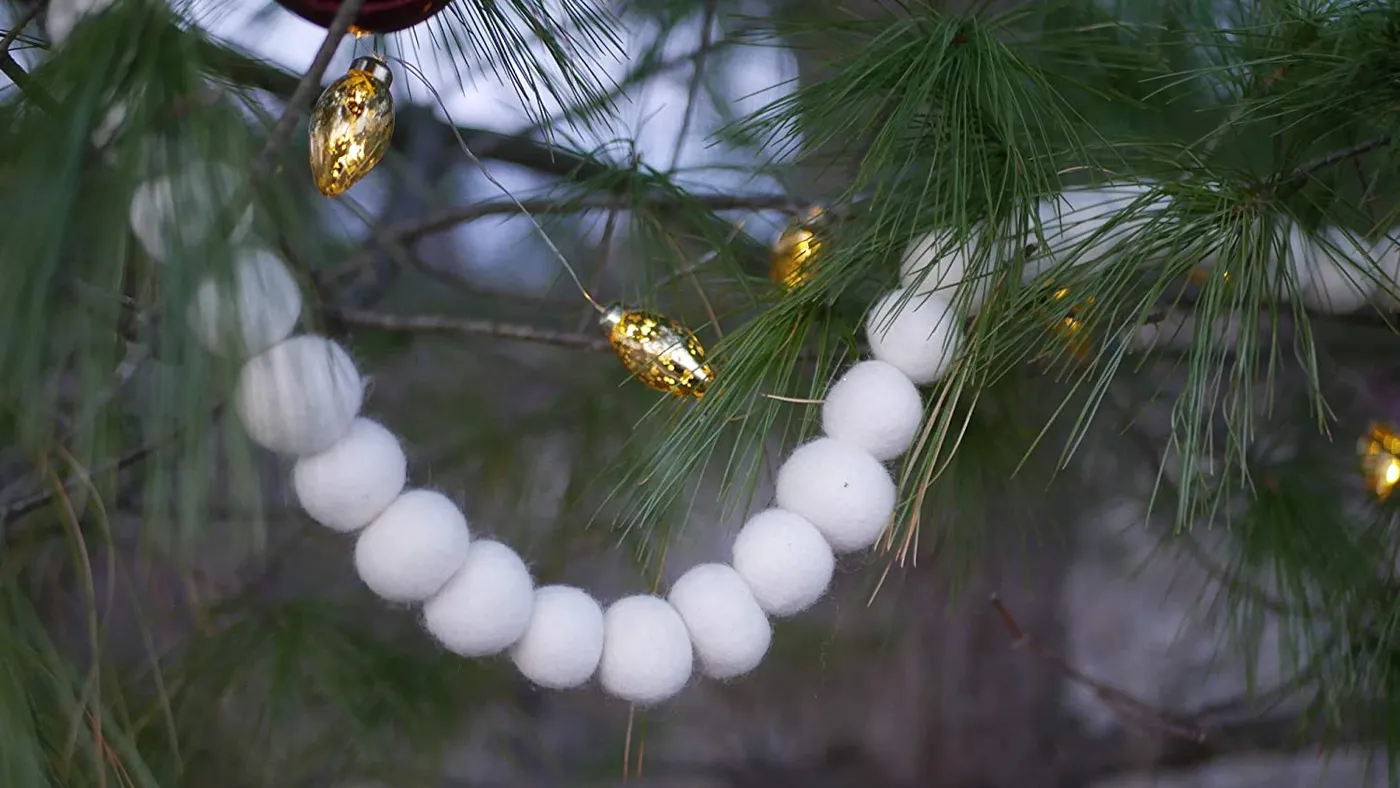 7 Foot White Wool Felt Ball Pom Pom Garland - Vintage Christmas Tree D - One Holiday Way