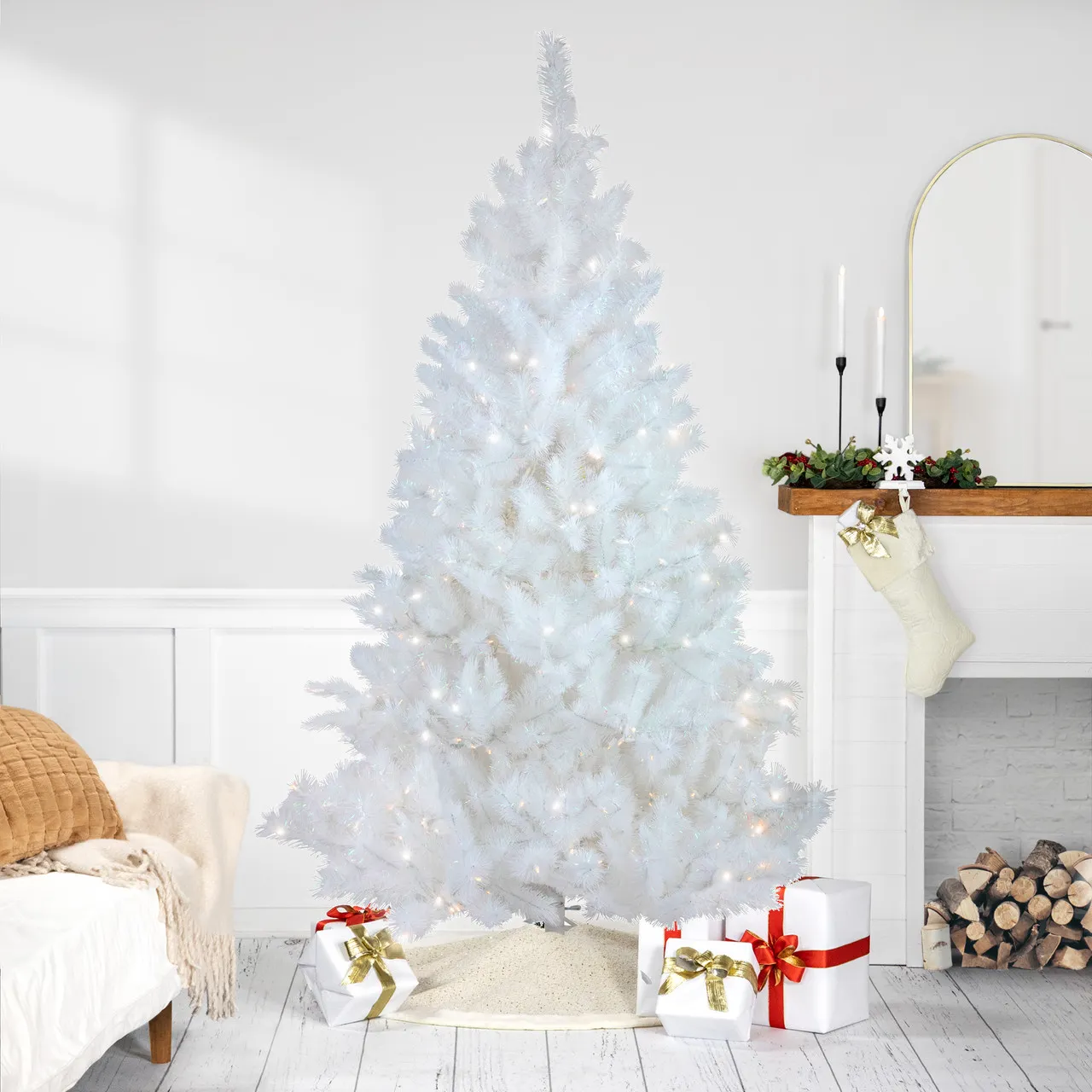 7.5' Pre-Lit White Alaskan Pine Artificial Christmas Tree, Warm White LED Lights | Christmas