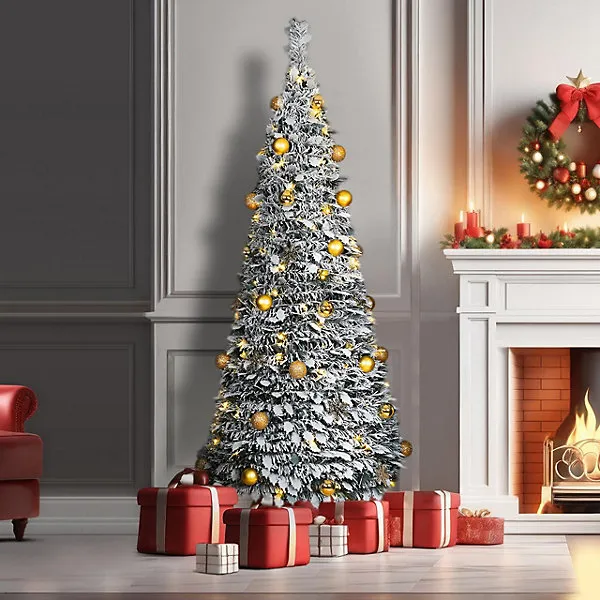 7ft Pre-Lit Pop Up Frosted Christmas Tree with Assorted Gold Baubles & 200  Warm White