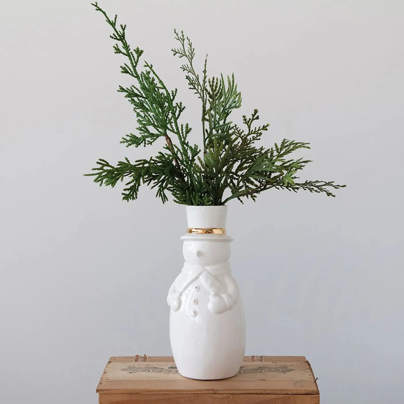 8-Inch Decorative White Stoneware Snowman Flower Vase with Gold Accent -  One Holiday Way