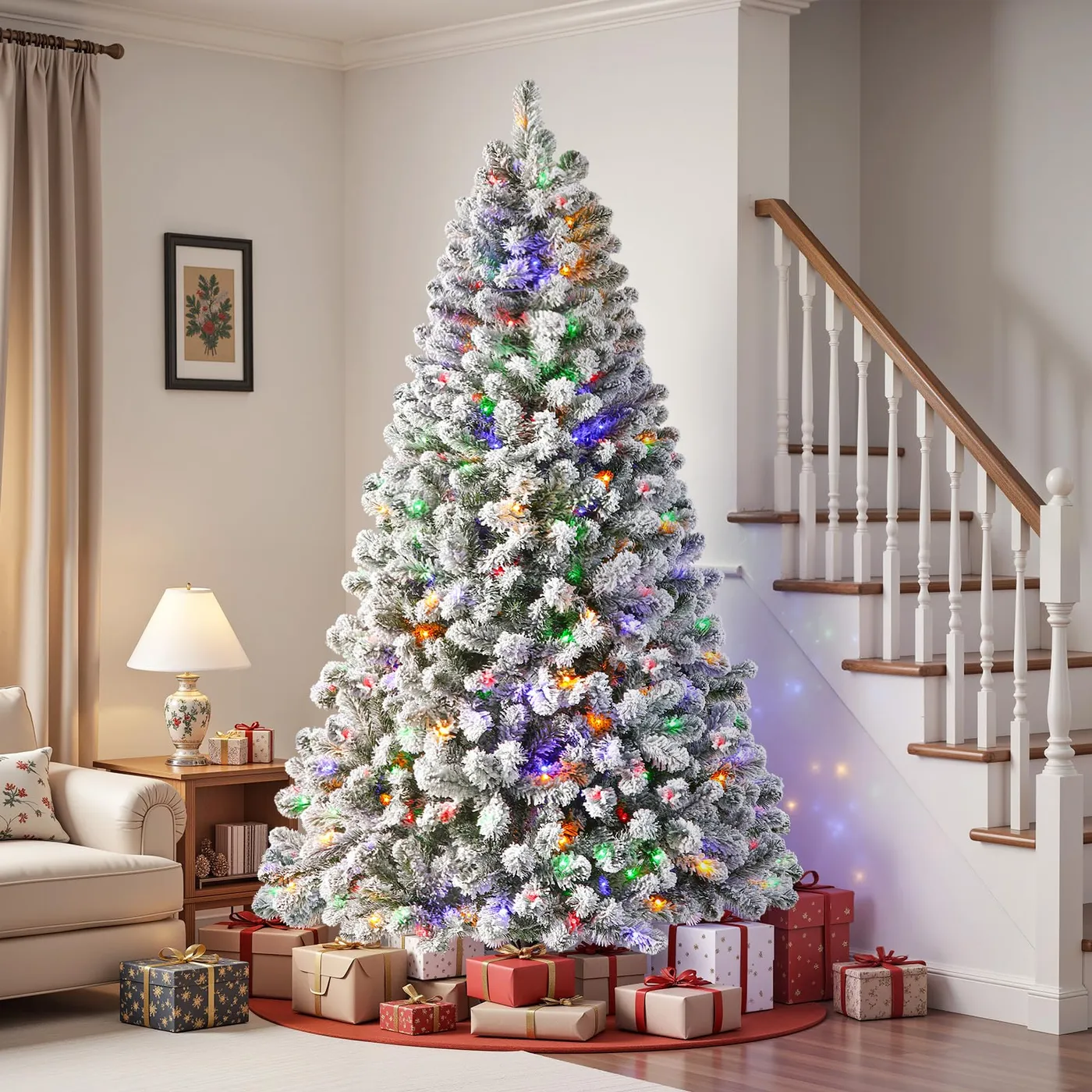 8ft White Flocked Spruce Artificial Christmas Trees with Multi-Color Lights