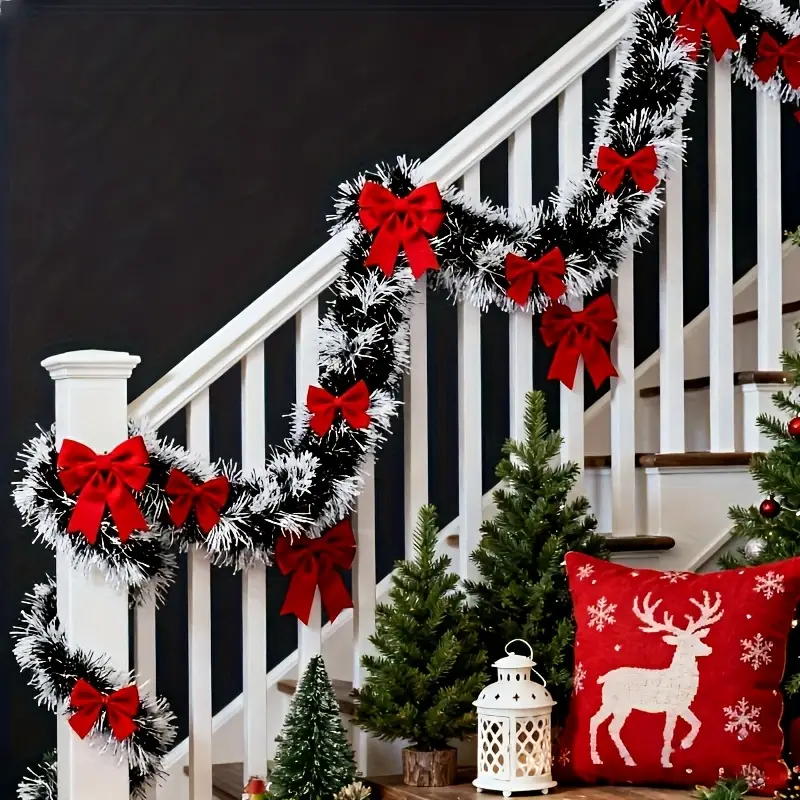 9-Meter Realistic Christmas Garland with Dark Snowflake Tips and Red Bows *  Holiday Parties, Home, Restaurant, Fireplace, and Outdoor Festive Decor,  Ideal Farmhouse-Style Plastic Floral Arrangement 