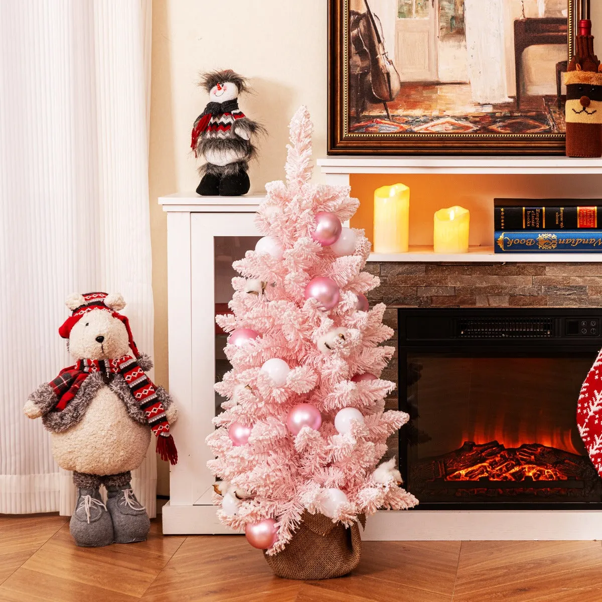90 CM Artificial Mini Christmas Tree, Pre-Decorated Tabletop Blue Xmas Tree  w/ 12 Natural Cotton Balls, 24 Decorative Ball Ornaments, Snow Flocked  Branch Tips
