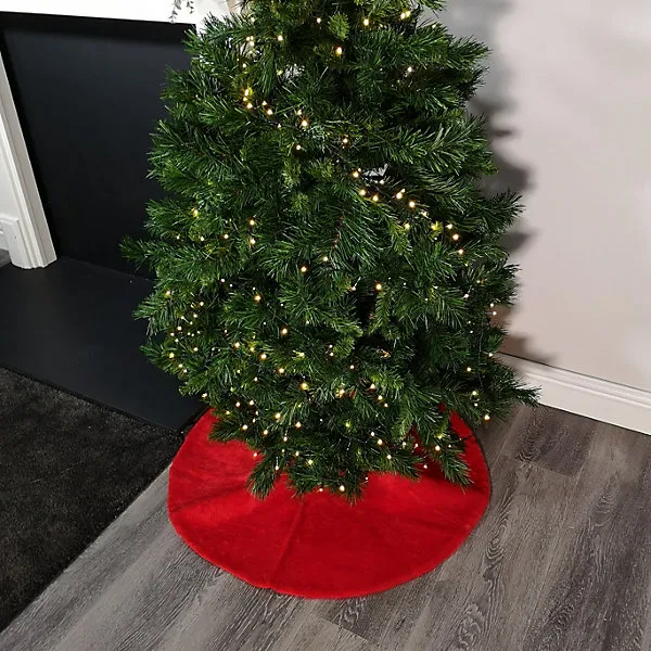 90cm Red Fluffy Plush Christmas Tree Skirt with Ribbon Ties