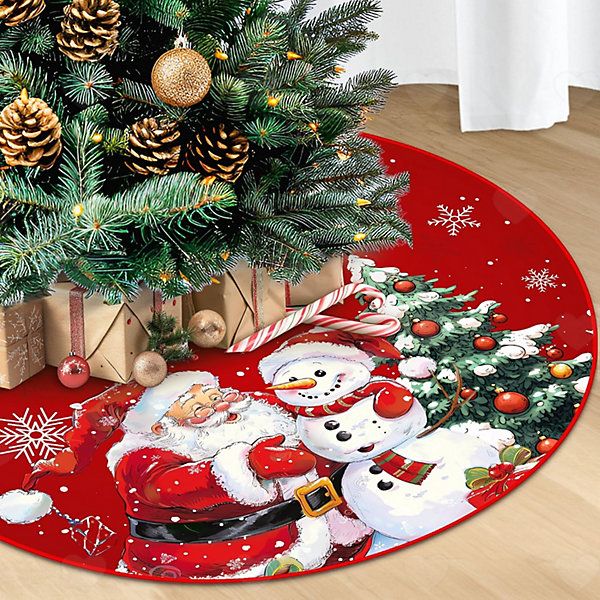 90cm Red Plush Christmas Tree Skirt, Farmhouse Style Tree Base Ornament  Printed with Snowman and Snowflakes for Xmas Tree Decor