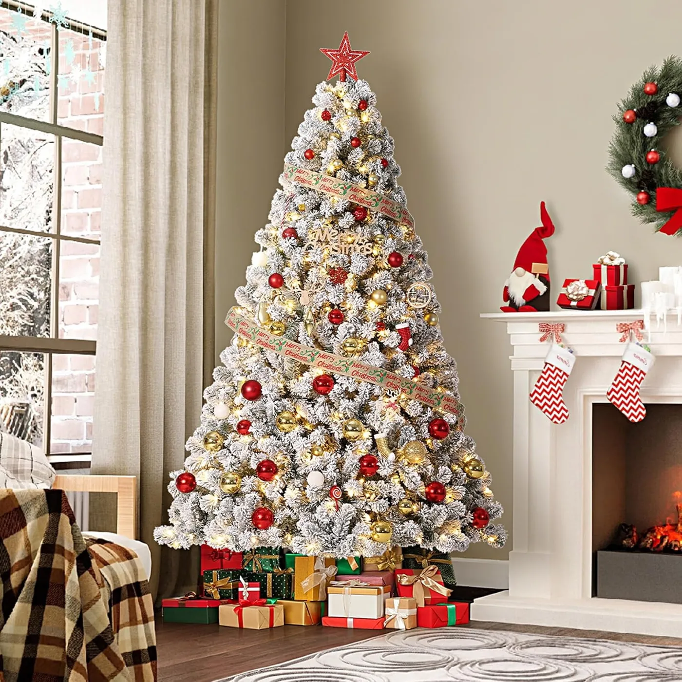 9Ft Artificial Christmas Tree, Snowy Flocked Green, 900 Warm White Lights,  Quick Hinged Setup, Foldable Metal Base, Foot Pedal Control, Realistic  Branch Tips, Indoor Seasonal Decor for Home - Walmar