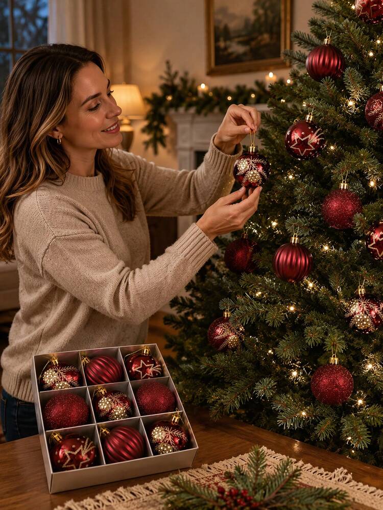 9pcs- (6cm/2.4in) Burgundy Christmas Decorative Balls: Classic Versatile,  Shatterproof Plastic Balls With Hanging Rings, Suitable For Christmas,  Anniversary, Wedding And Other Holiday Home Decor Chr