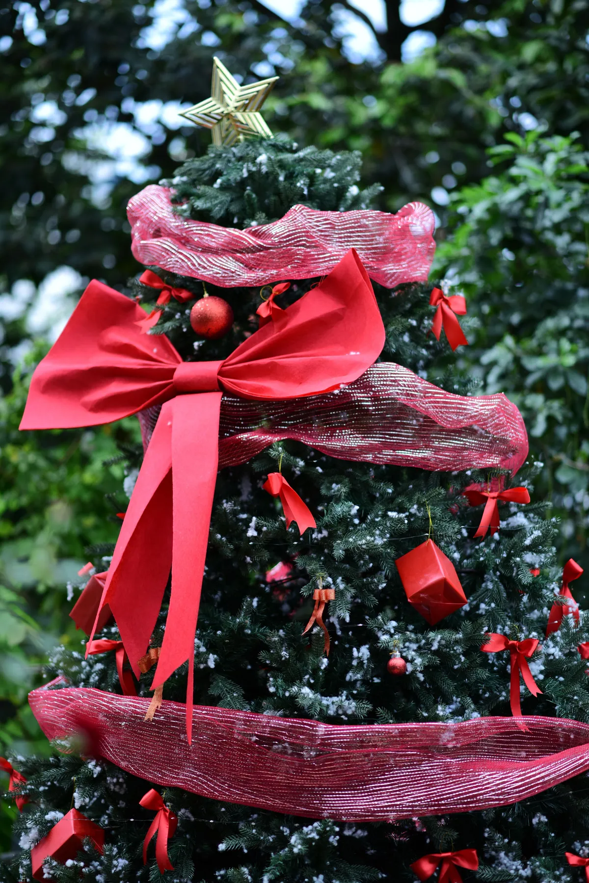 A beautifully decorated Christmas tree outdoors with red ribbons and ornaments.