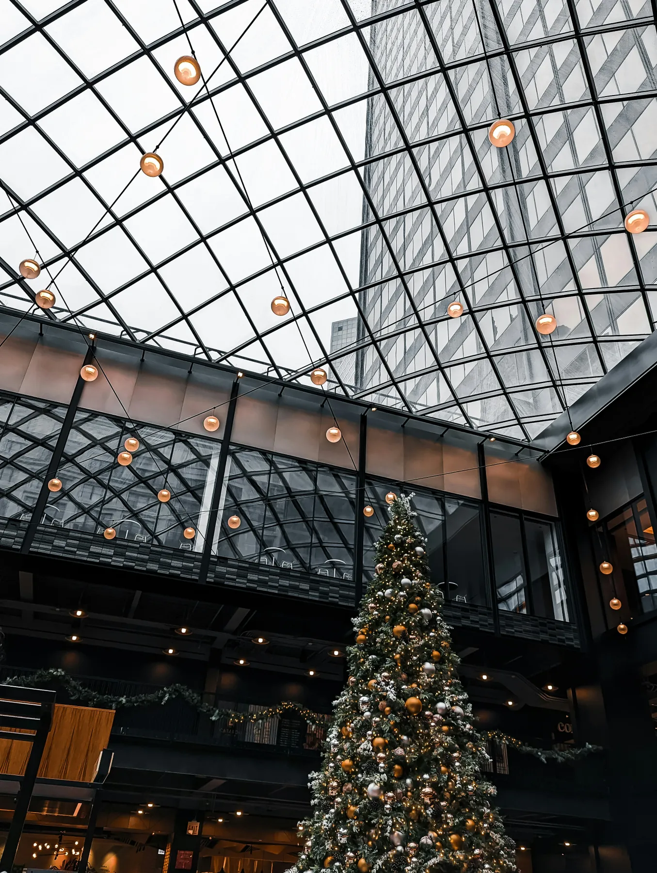 a large christmas tree in a large building