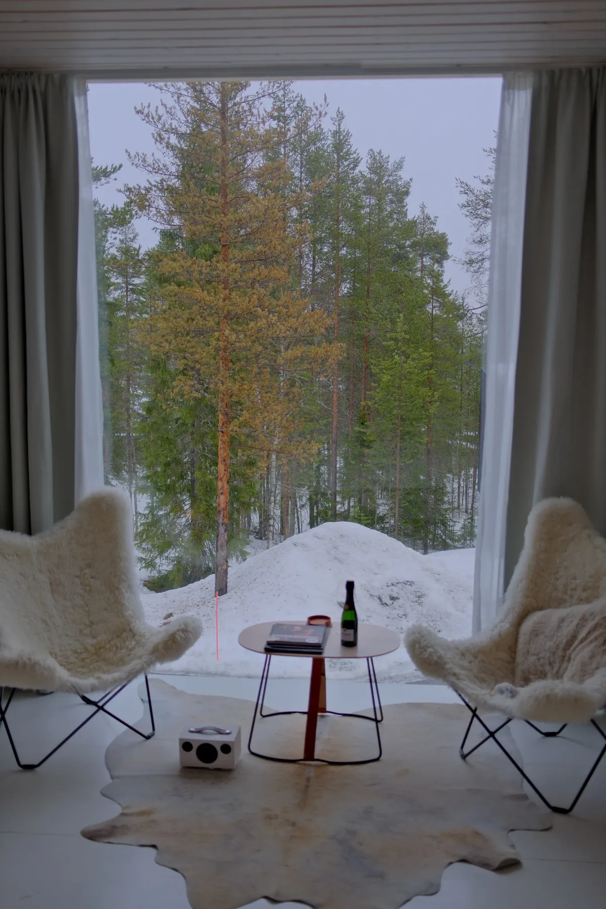 A serene cabin interior featuring a snowy forest view, plush chairs, and a central table with a wine bottle.