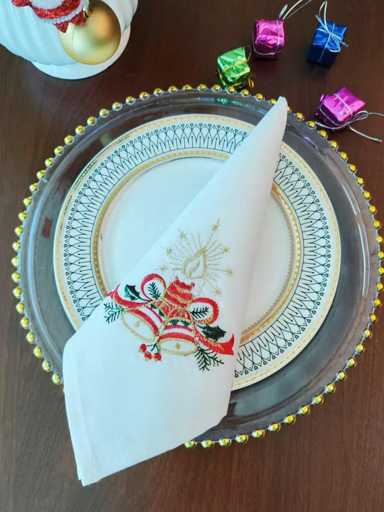 ABEST6522 Home&Living store Polyester And Linen Christmas Embroidered Cloth  Napkins, Red Bell Candle Holly Berry Embroidery Fabric Dinner Napkins, Xmas  Winter Holiday Decor Table Napkin For Dining T