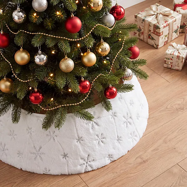 Adjustable White Polyester Christmas Tree Collar Silver Snowflake Conical  Xmas Base Decoration