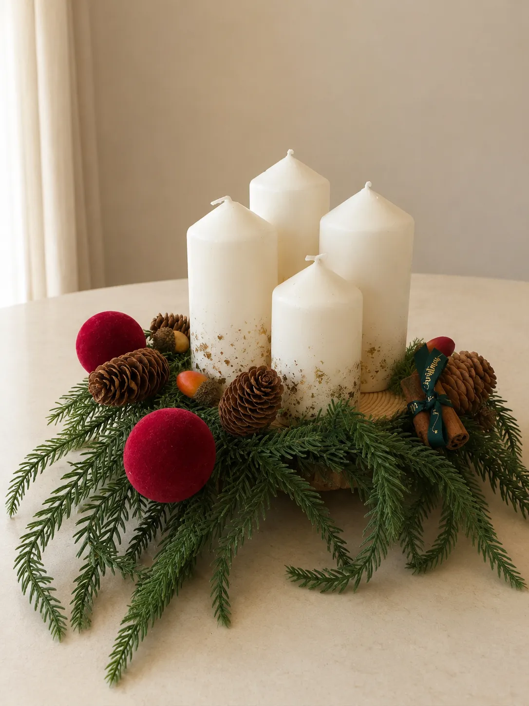 Advent Candle Christmas Centrepiece with pinecone, acorn and red bauble |  Joy Wreaths AustraliaStunning handmade Christmas piecces