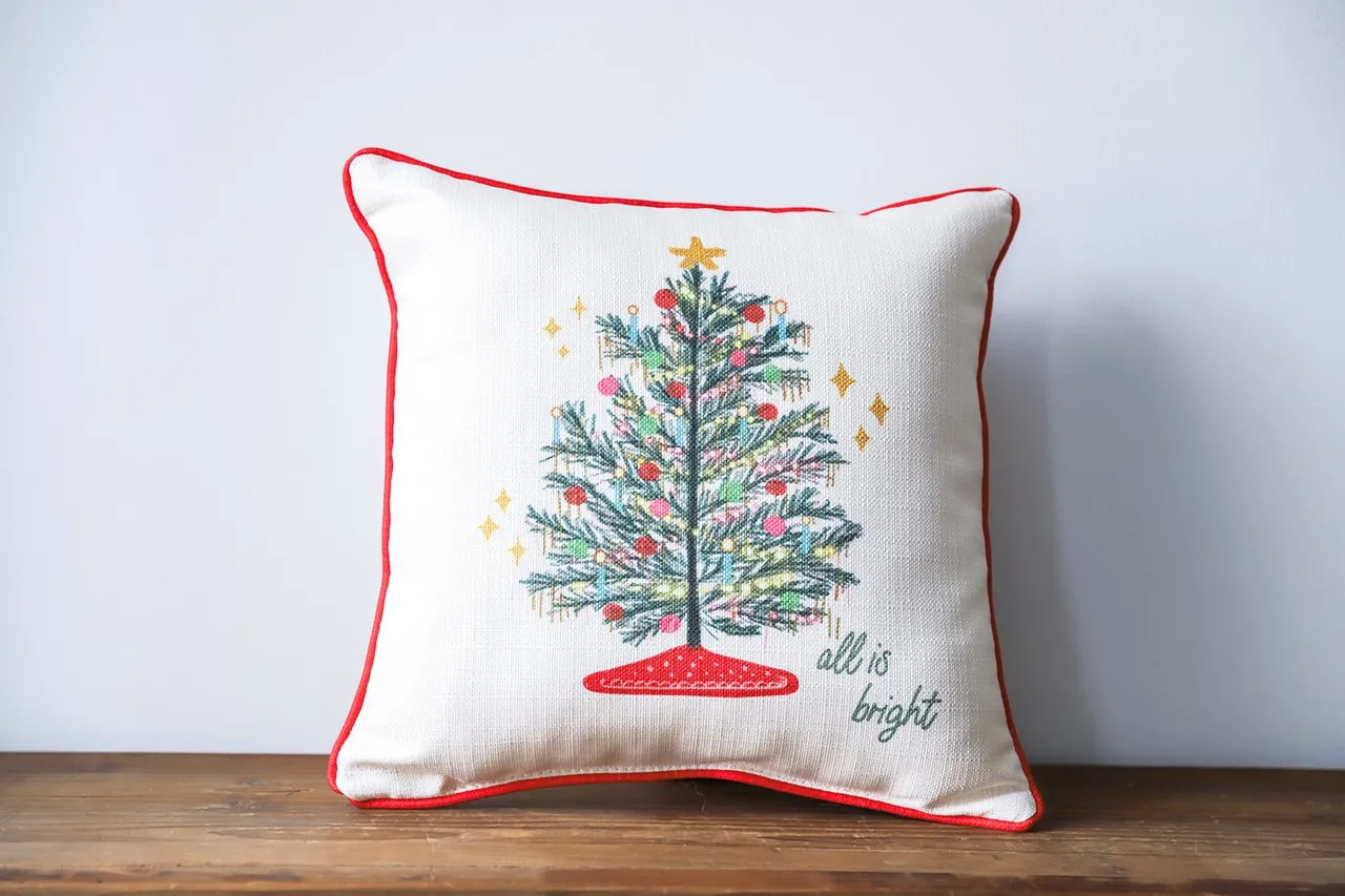 All Is Bright with Pretty Tinsel Christmas Tree Square Pillow - Country Marketplace