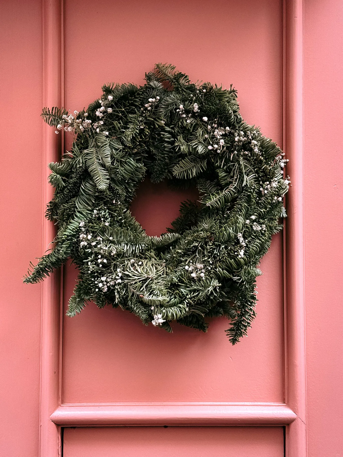 Beautiful green Christmas wreath with pine branches and flowers on a vibrant pink door in Provence, France.