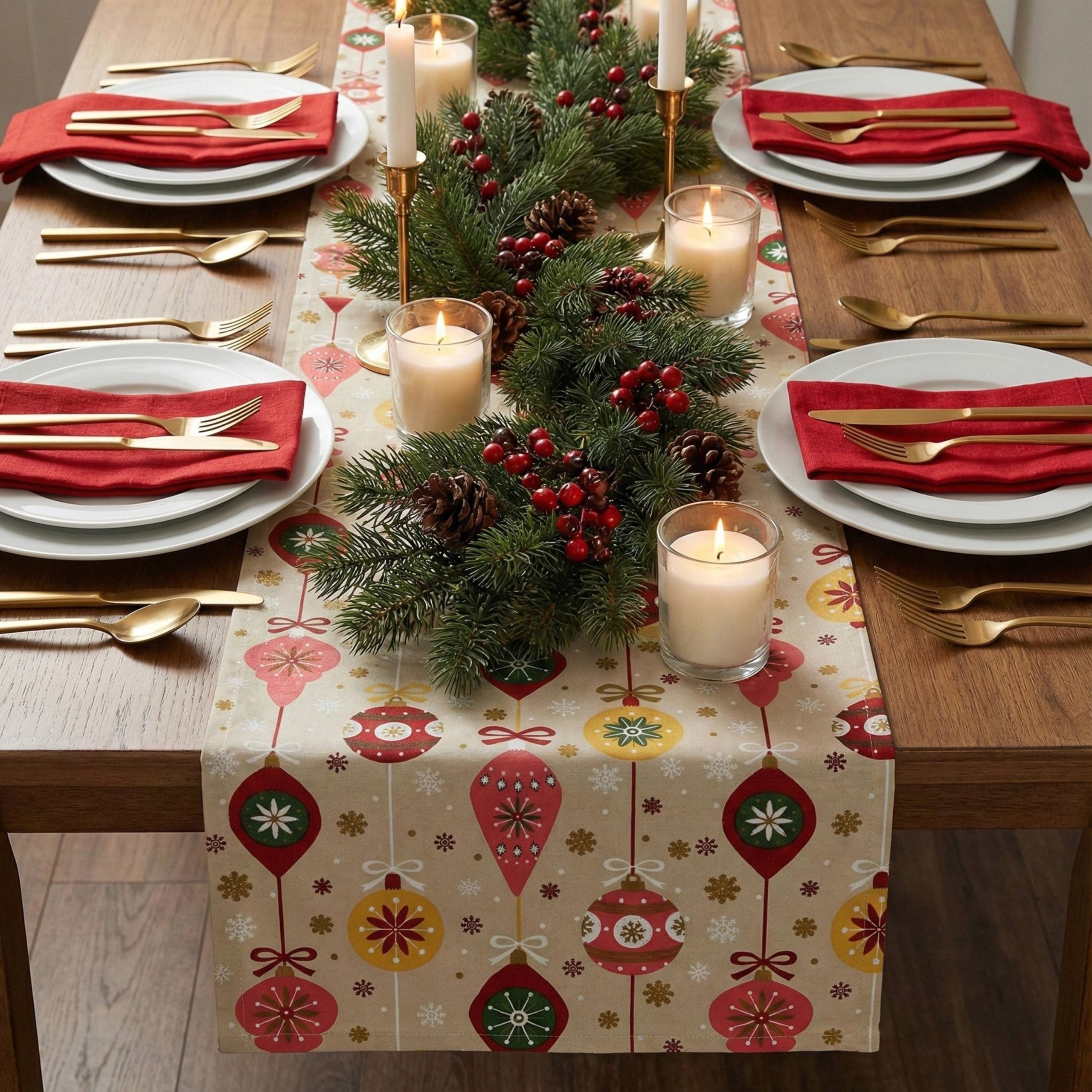 Beige Christmas Table Runner — Festive Ornament Print, Custom Sizes –  StarLux Textiles