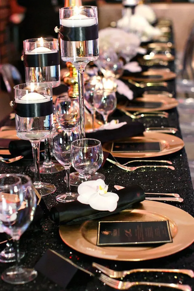 Black and Gold Tablescape – shared on Aisle Perfect – Unique Pastiche Events