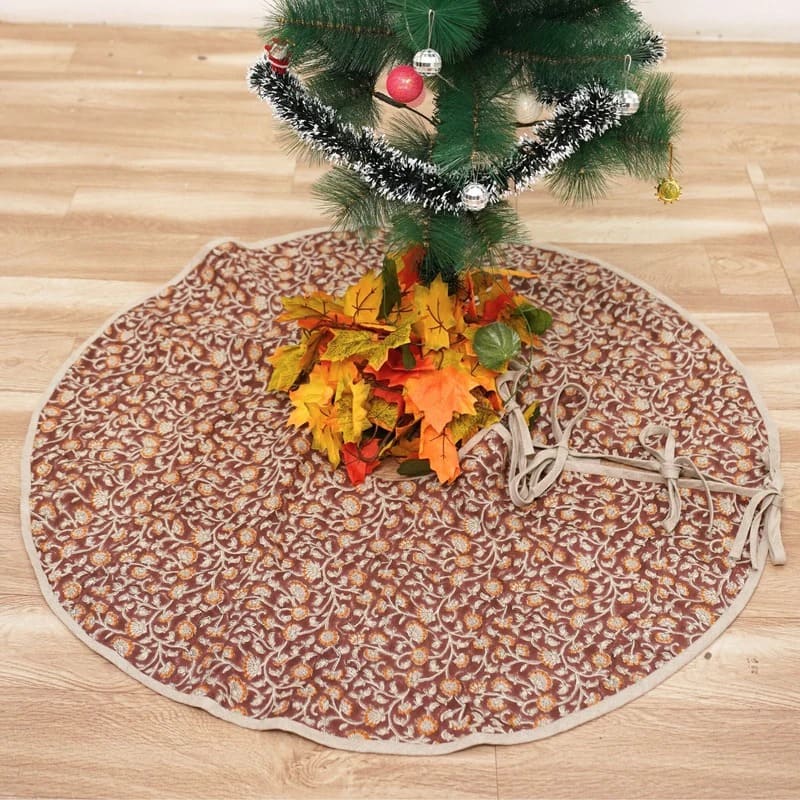 Block Print Pure Linen Boho Brown Floral Himachal Christmas Treeskirts 60 INCH