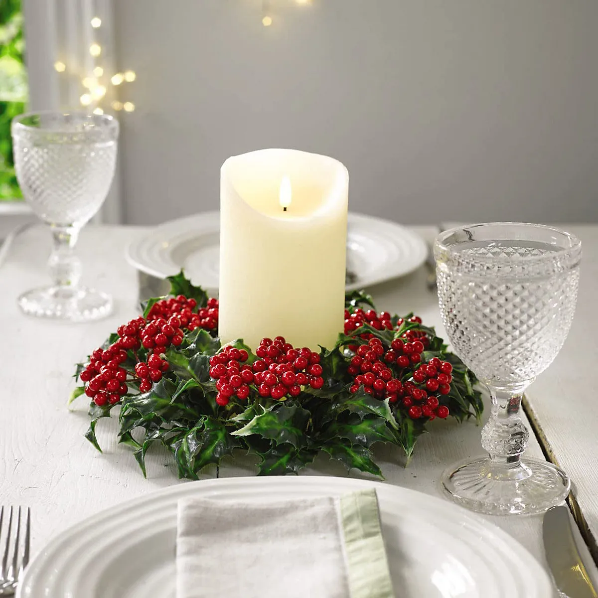 Bloom Artificial Holly Berry Candleholder Wreath - Indoor Home Table  Centrepiece Festive Christmas Decoration - 27cm Diameter
