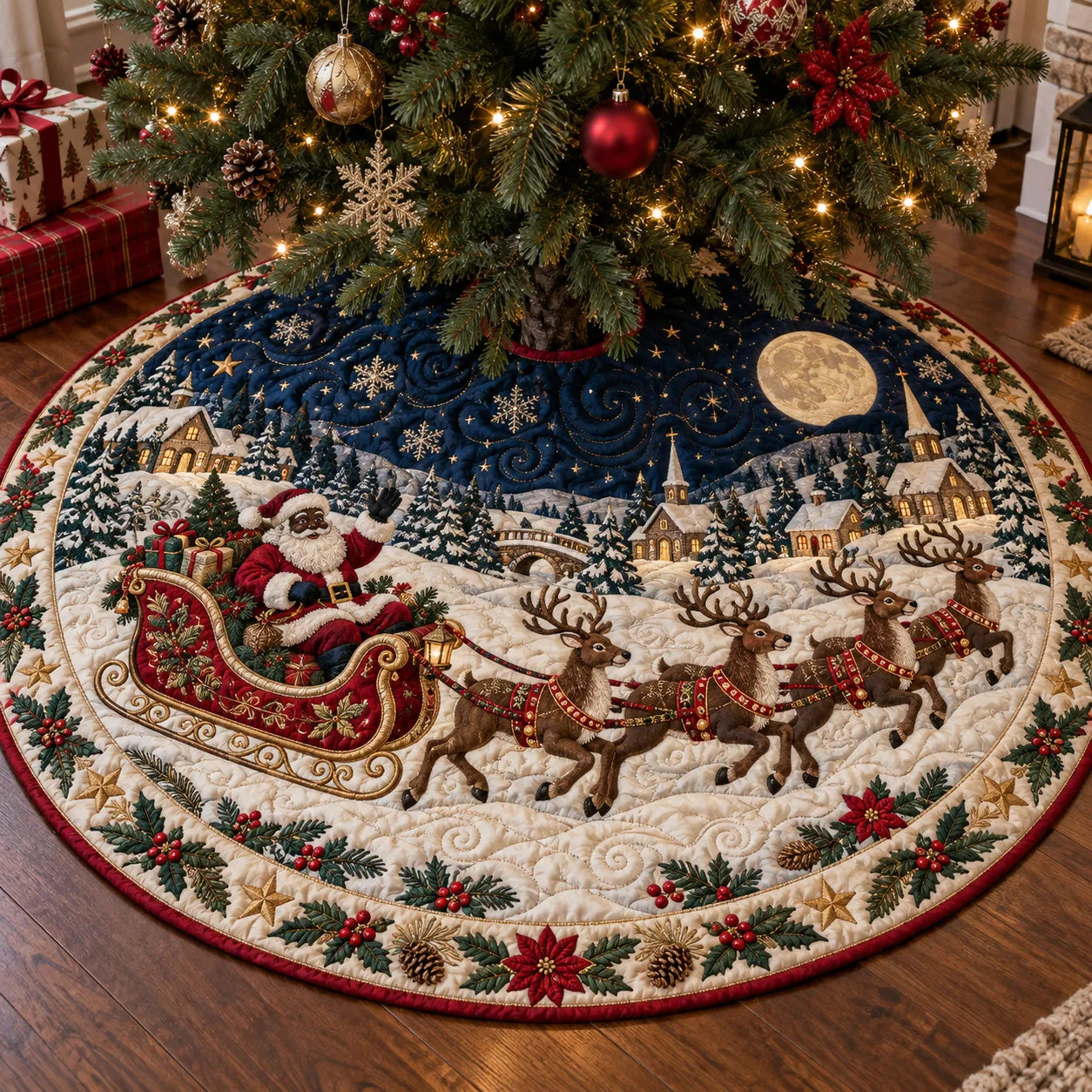 Blue Santa Sleigh Christmas Quilted Tree Skirt SN0TV417 – Seamnest