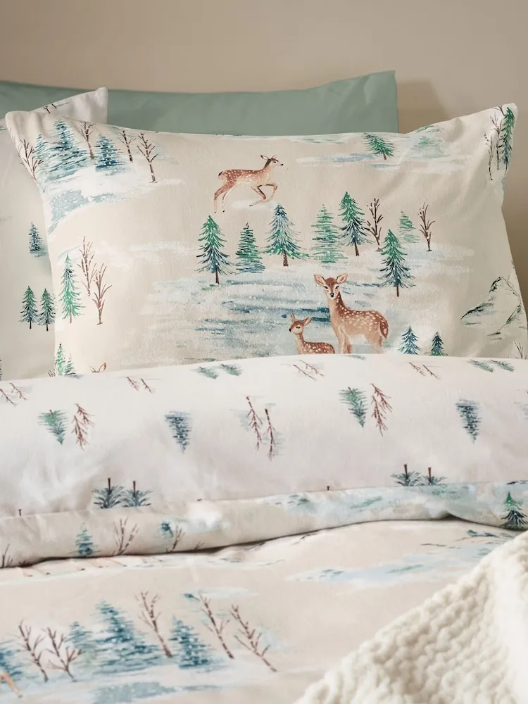 Brushed Christmas Deer Duvet Cover Set - Natural Double