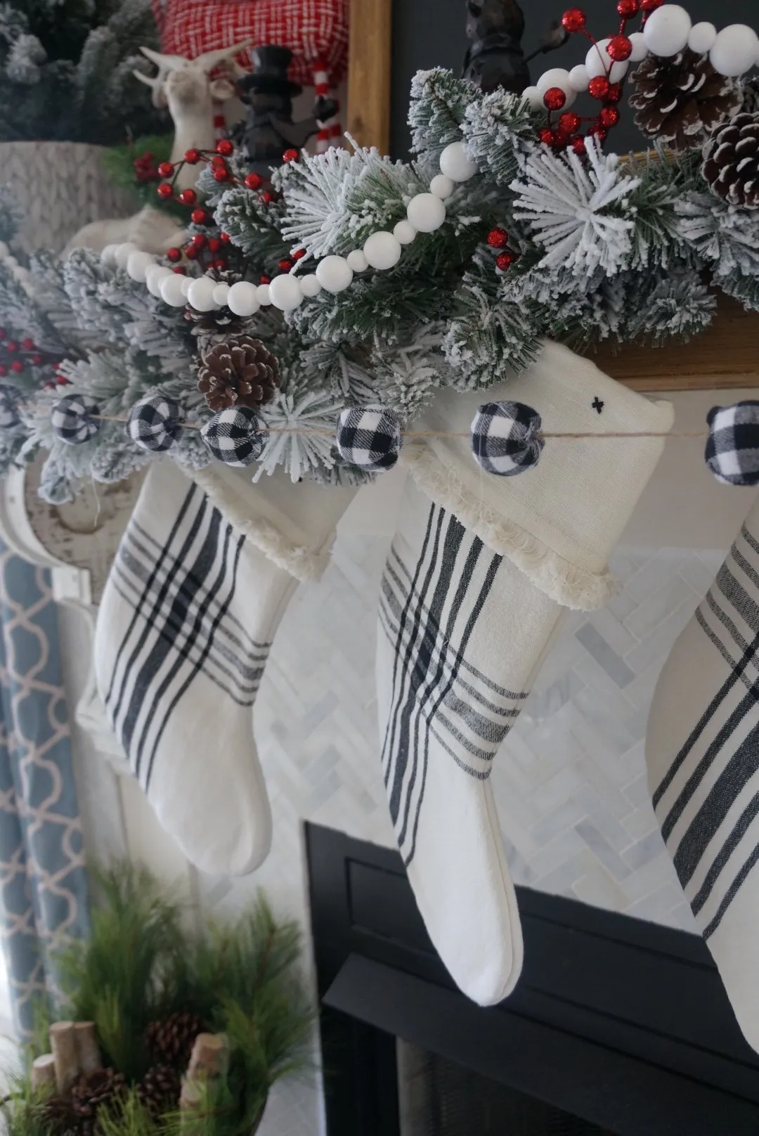 Buffalo check Christmas living room decor flocked garland and stockings -  Wilshire Collections