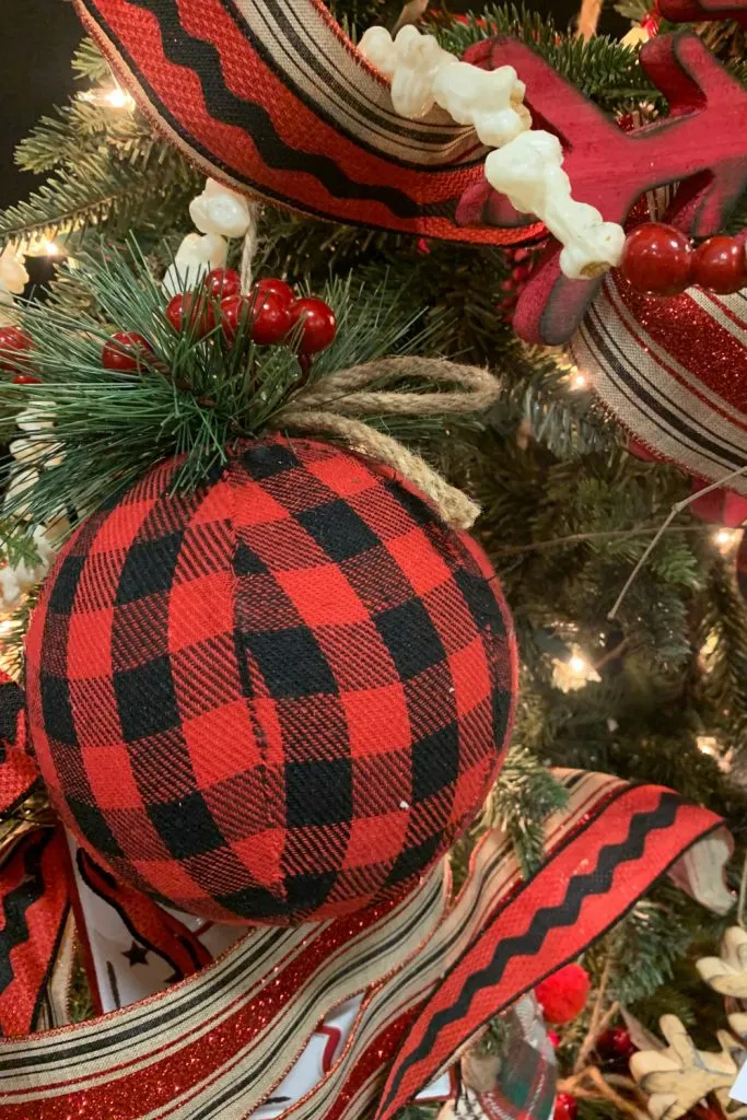 Buffalo Check Cozy Cabin Christmas Decor — Trendy Tree Rustic Red Black Buffalo Check Plaid Pinecone Bell