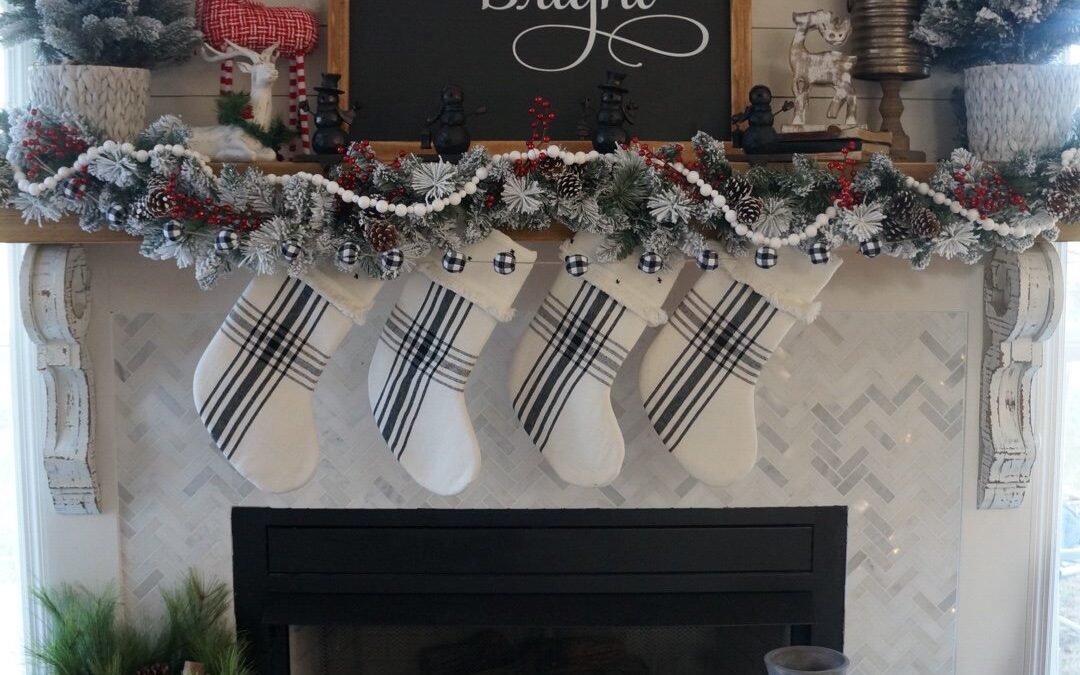 buffalo check inspired christmas red black and white holiday decor fireplace mantle - Wilshire Collections