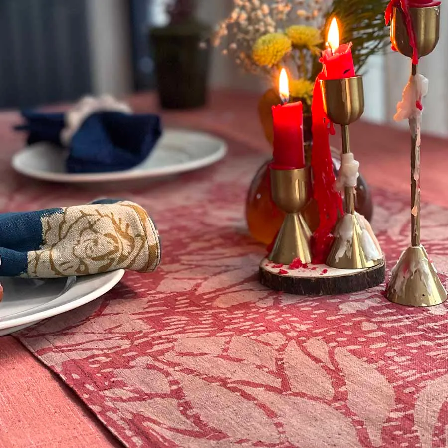 Buy Elegant Pink Cotton Linen Table Runner - Rosette | ichcha
