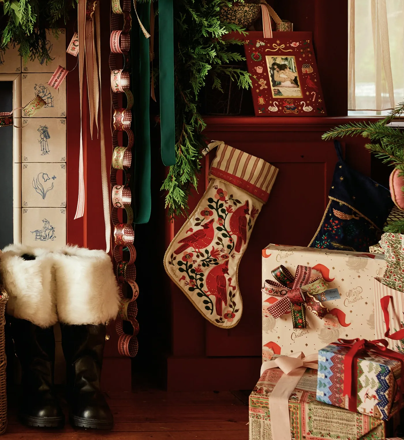 Cardinals Embroidered Christmas Stocking | Rifle Paper Co.