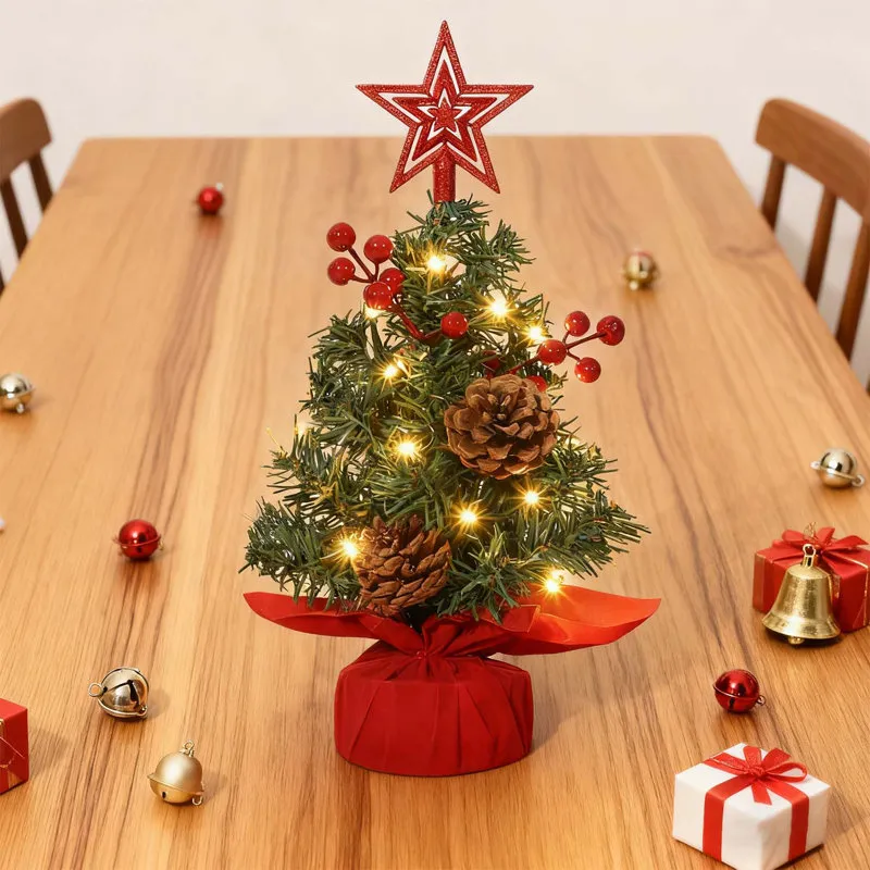 Charlton Home Mini Christmas Tree with Top Star & Lights and Red Berries & Pine Cones for Home, Office, Apartment, Red - Wayfair Canada
