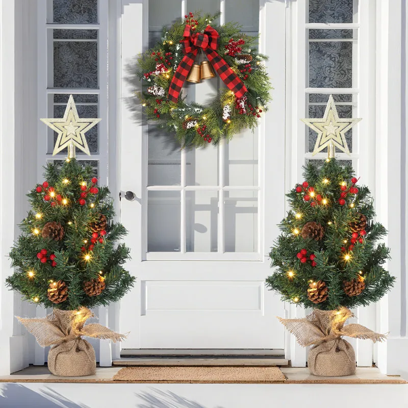 Charlton Home Mini Christmas Tree with Top Star & Lights and Red Berries & Pine Cones for Home, Office, Apartment, Red - Wayfair Canada