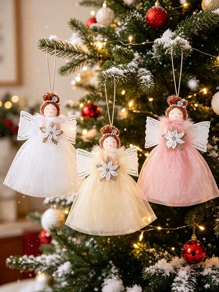 Christmas Angel Doll Hanging Ornament, Fairy Girl Snowflake Flower Pendant,  White Champagne Pink Soft Fabric Mini Angel Charm, Christmas Tree Window  Wall Hanging Decor, Winter Holiday Party Home Dec