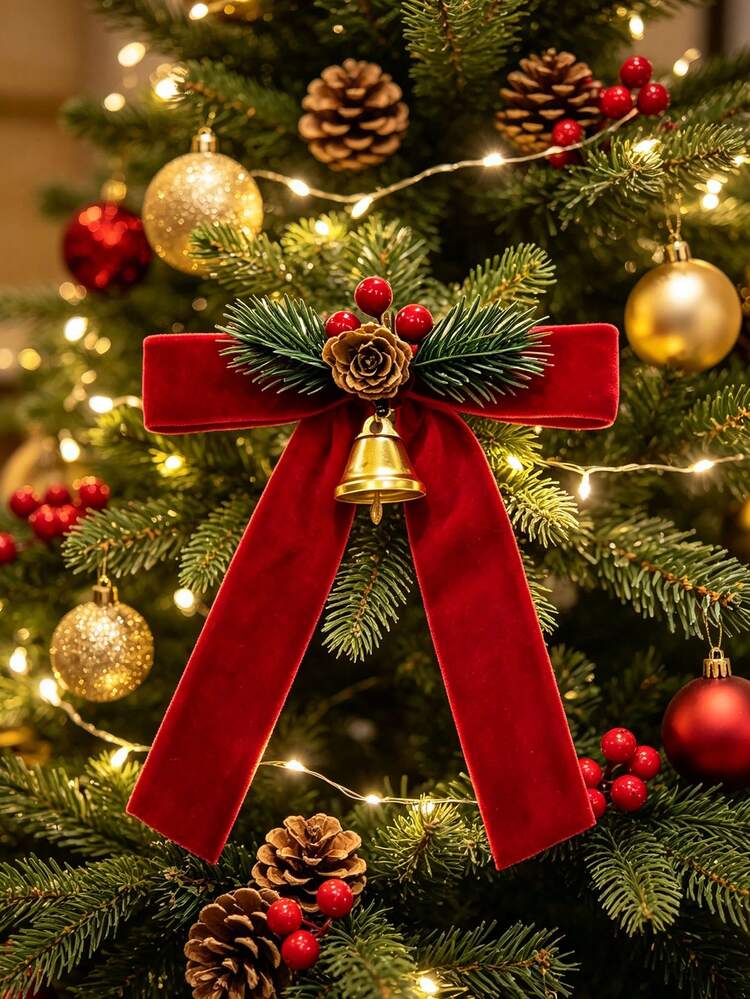 Christmas Bow Hanging Ornament With Gold Bells, Artificial Pine Needles And Red Berries, Vintage Christmas Decor For Christmas Tree, Stairs, Windows, Home Party Holiday Decoration, Holiday Gift Acce