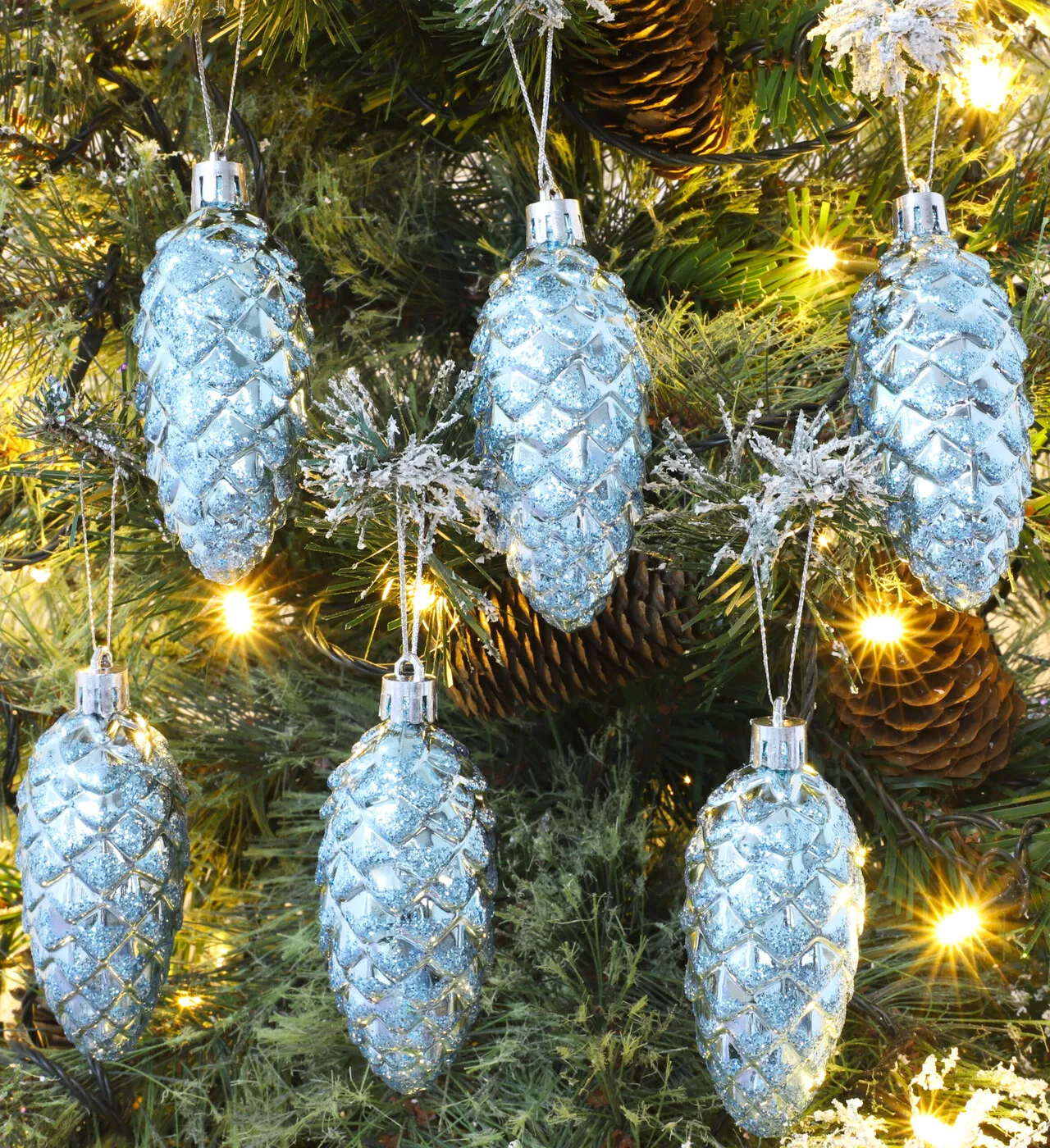 Christmas Concepts® Pack of 6-90mm Pine Cone Baubles – Shiny and Glitter Decorated – Luxury Christmas Decorations (Ice Blue) - Christmas Concepts