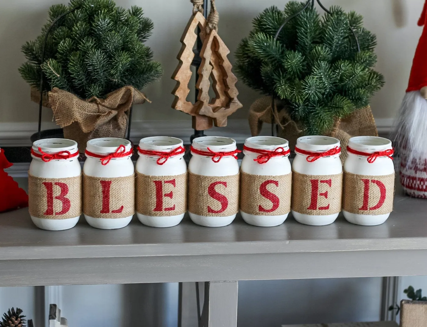 Christmas Decor Blessed Mason Jar Table Centerpiece - White Red - One Sided  - Jarful House