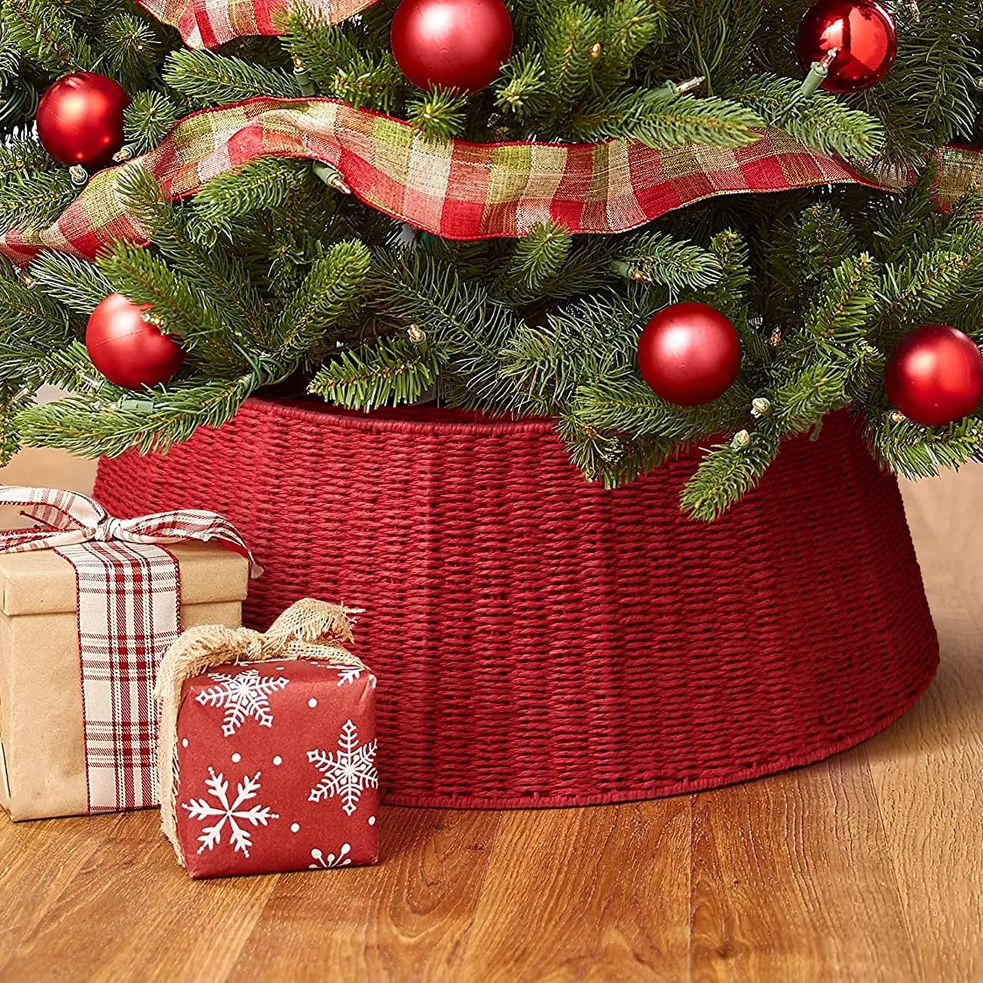 Christmas Decor Holiday Christmas Tree Tree Skirts Ayieyill 33 Inch Christmas Tree Collar, Christmas Tree Skirt Cover For Christmas Tree Decorations Rattan (Red)