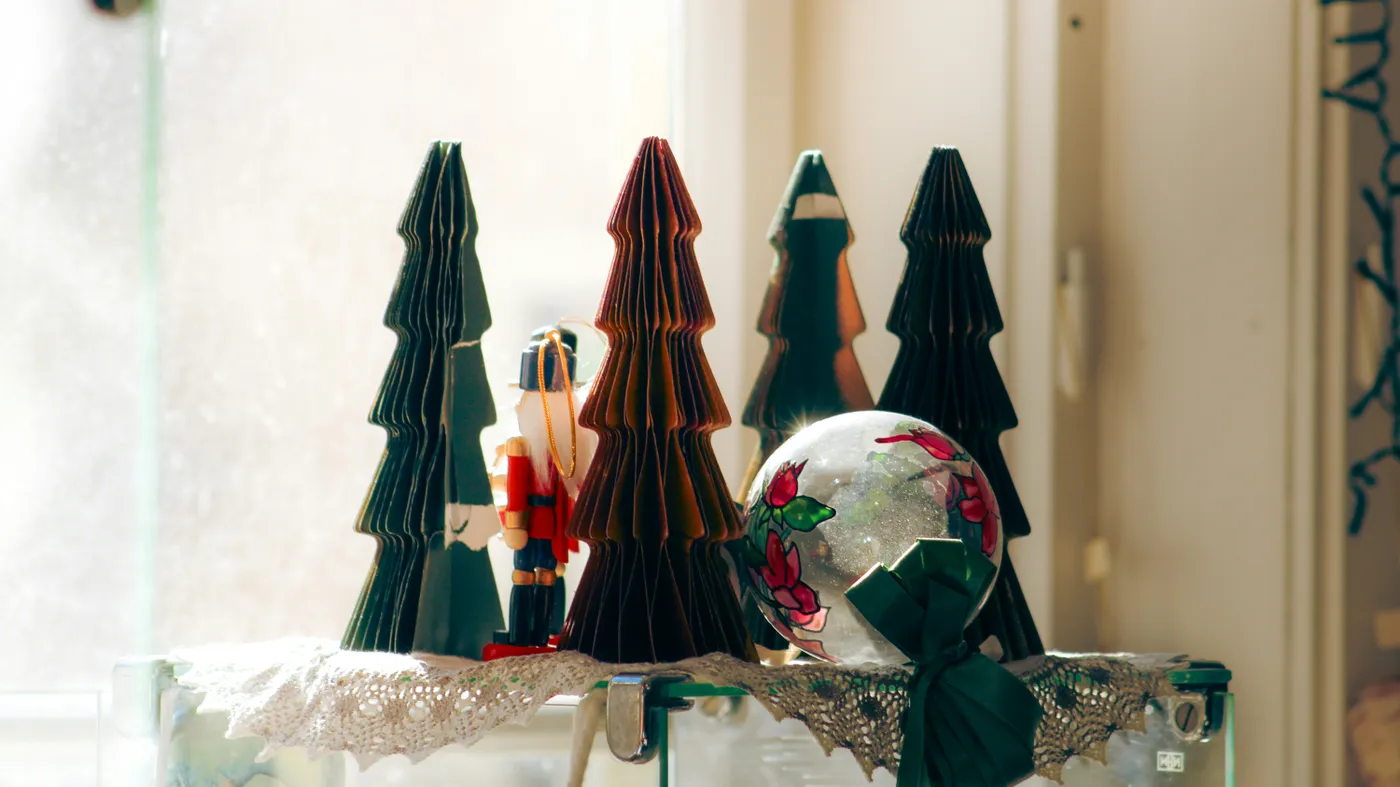 Christmas decorations including nutcracker and trees