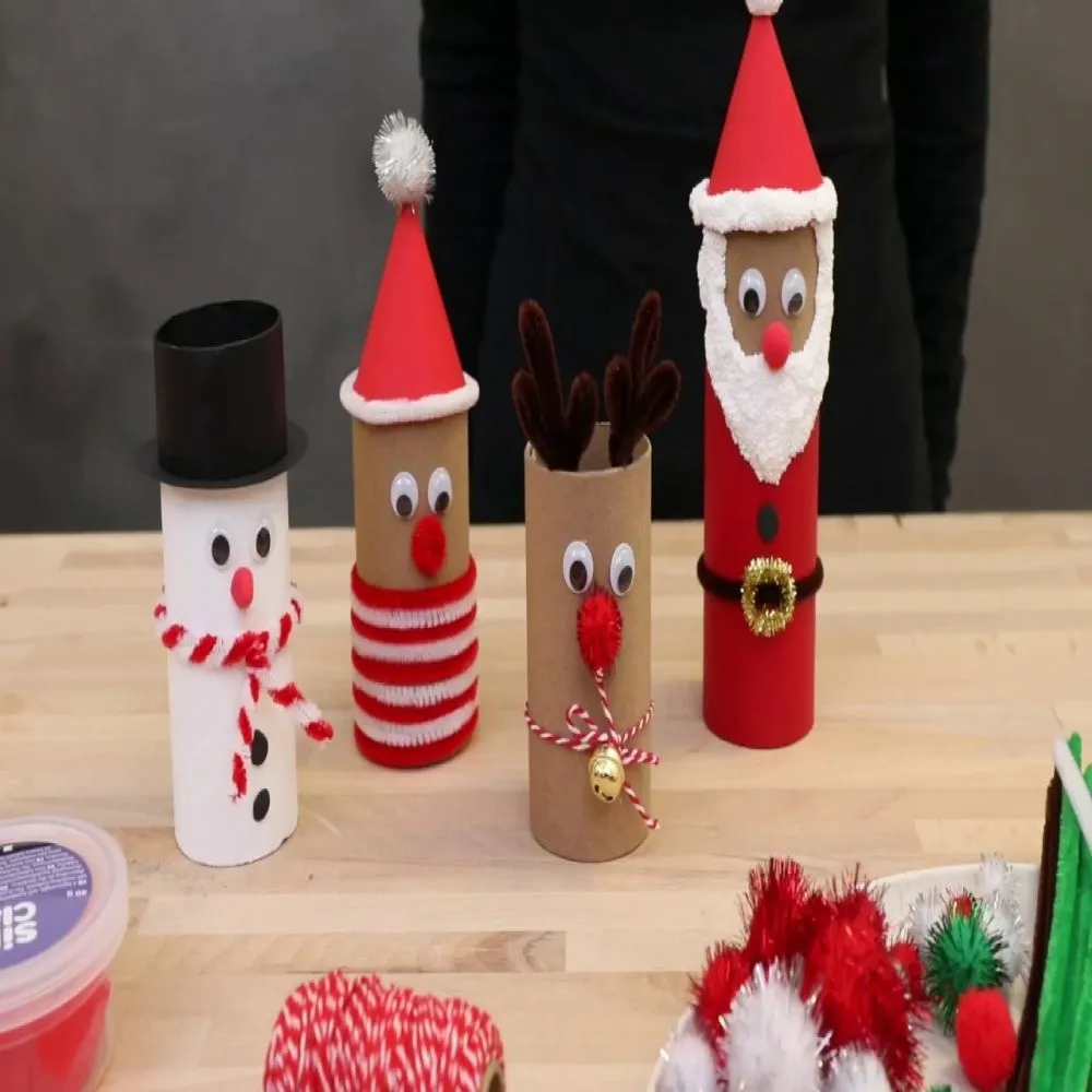 Christmas figures from cardboard tubes with decorations