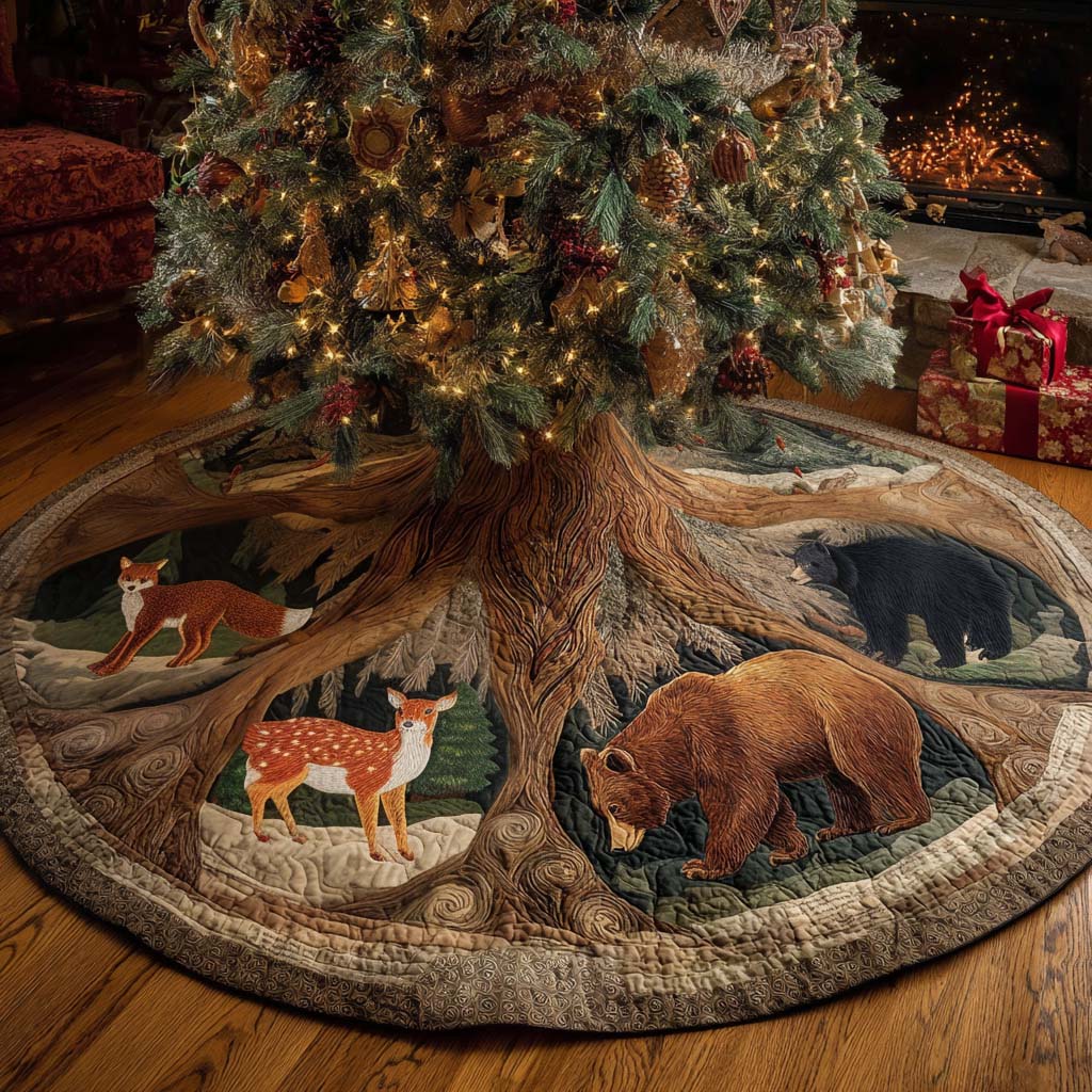 Christmas Quilted Bear Tree Skirt Handmade Farmhouse Style Round Quilted  Christmas Tree Skirt Teddy Bear