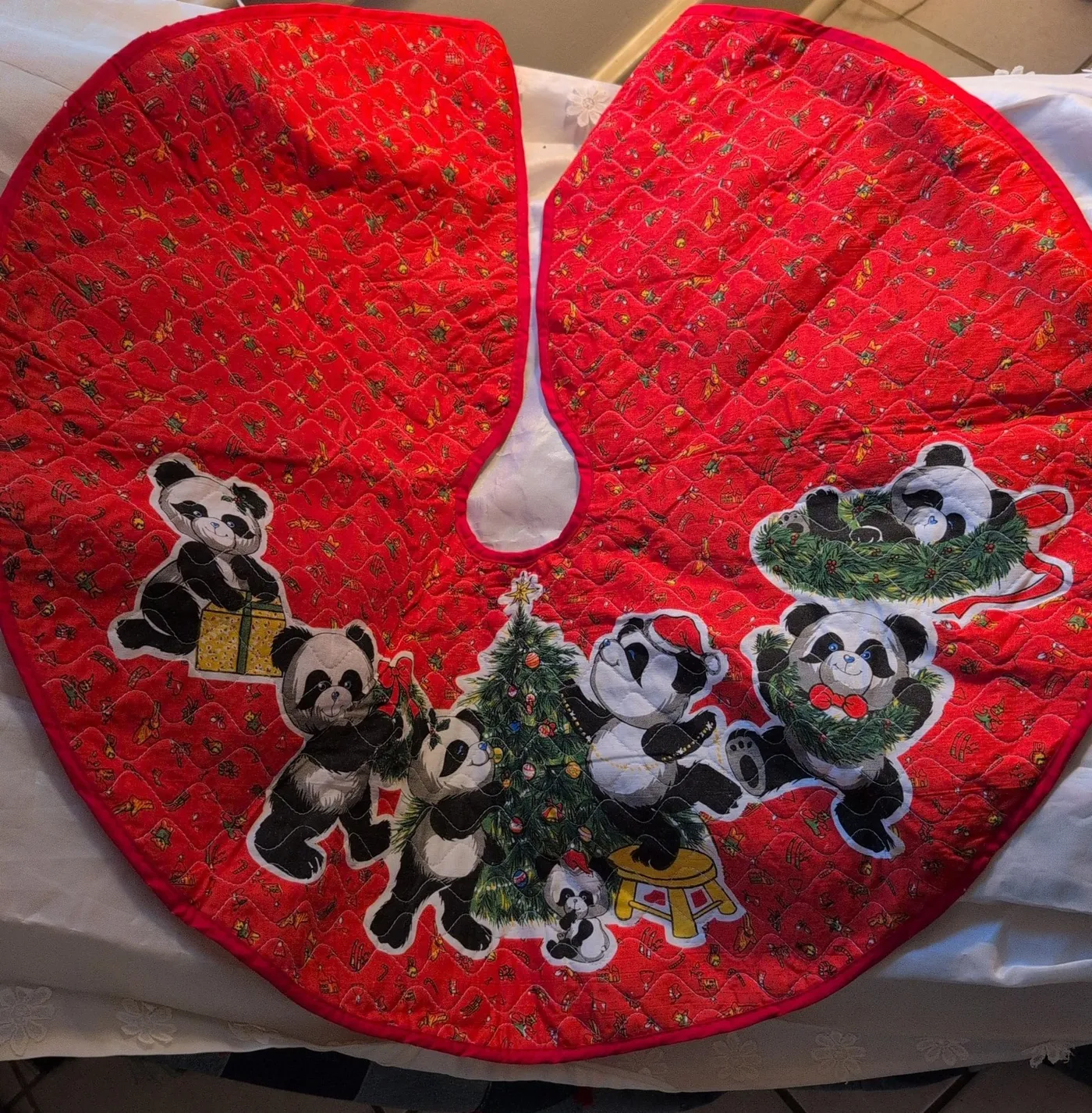 Christmas Quilted Bear Tree Skirt Vintage Kitschy Handmade Quilted  Christmas Tree Skirt Panda Bear, Across