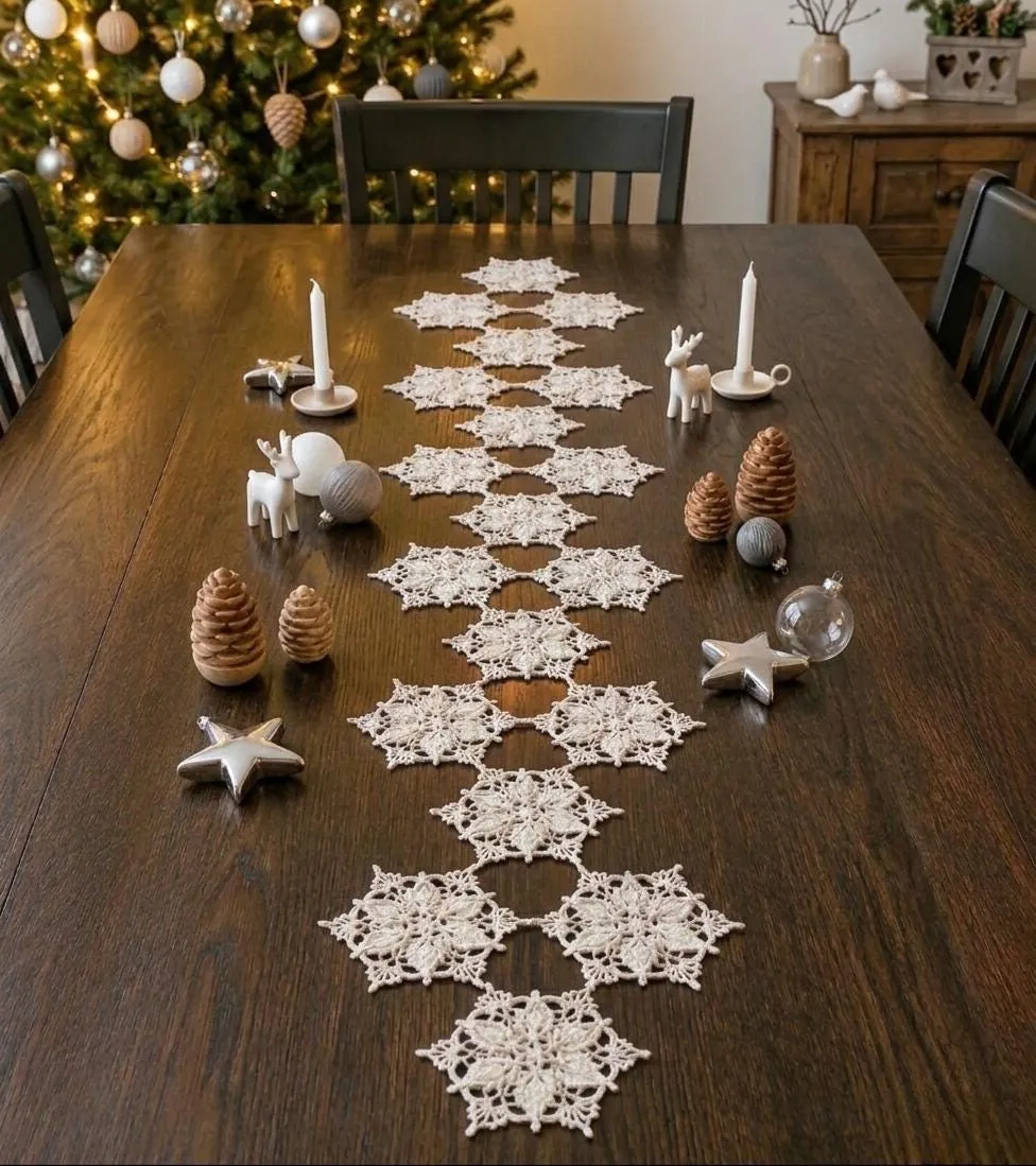 Christmas Snowflake Table Runner Crochet Snowflake Table Runner: Handmade Winter Decor, Custom Neutral Cotton